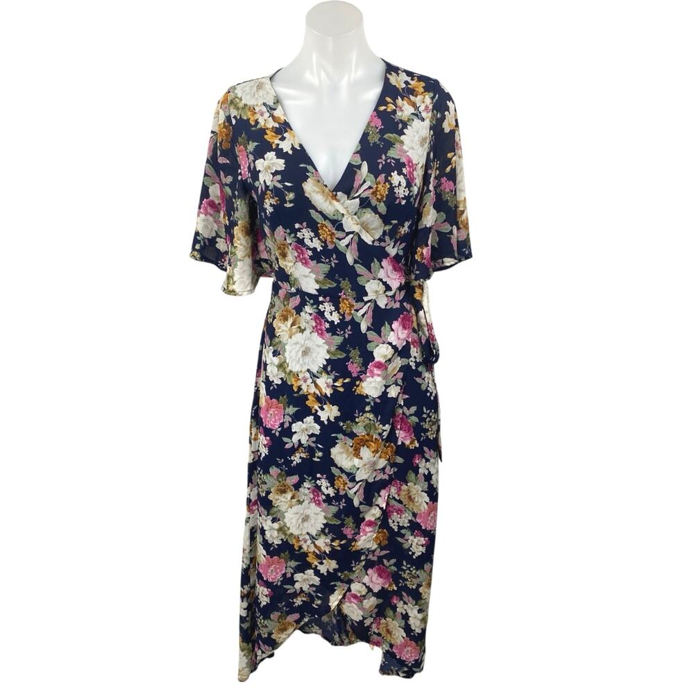 Women's Multicolor Floral Short Flutter Sleeve V Neck Maxi Wrap Dress One Size